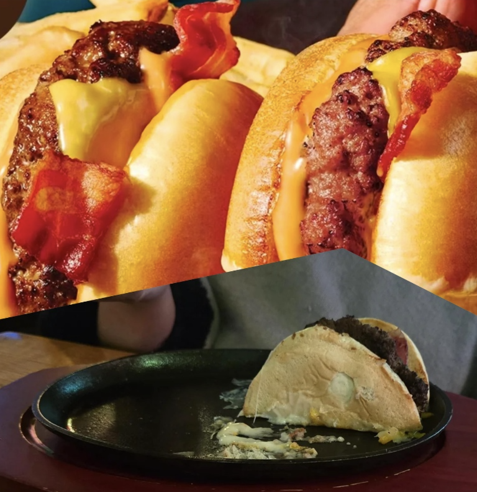 Two hands hold perfect bacon cheeseburgers above a plate with a messy, partially eaten burger and toppings spilled onto the black surface.