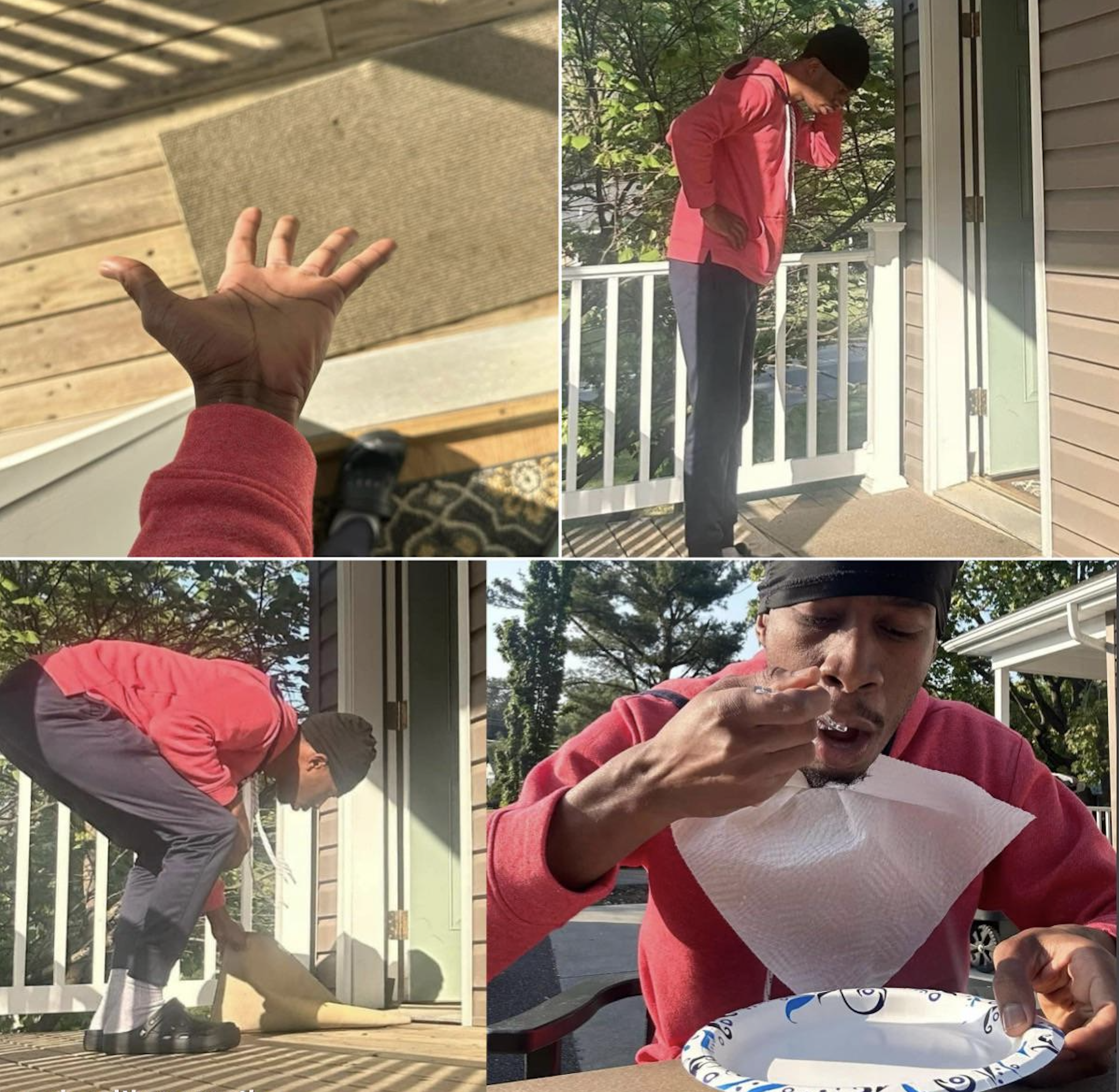 A person lifts a doormat, discovers food, inspects it, and then eats it using a napkin while sitting outside on a porch.