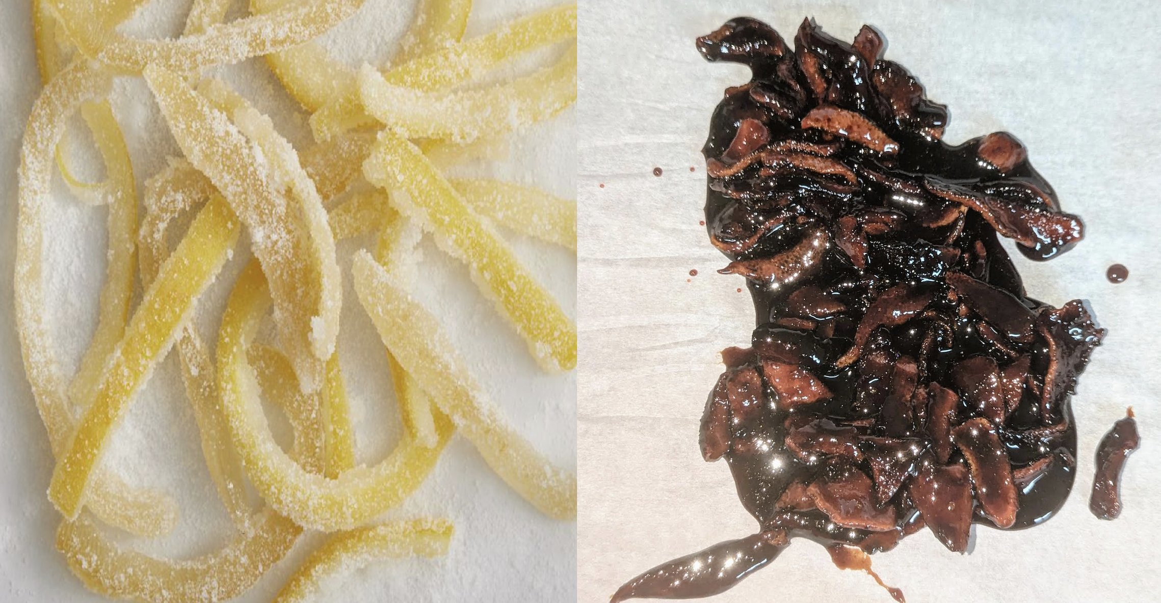 Side-by-side image: left, yellow candied fruit peels coated in sugar; right, glossy dark brown candied fruit peels on parchment paper.