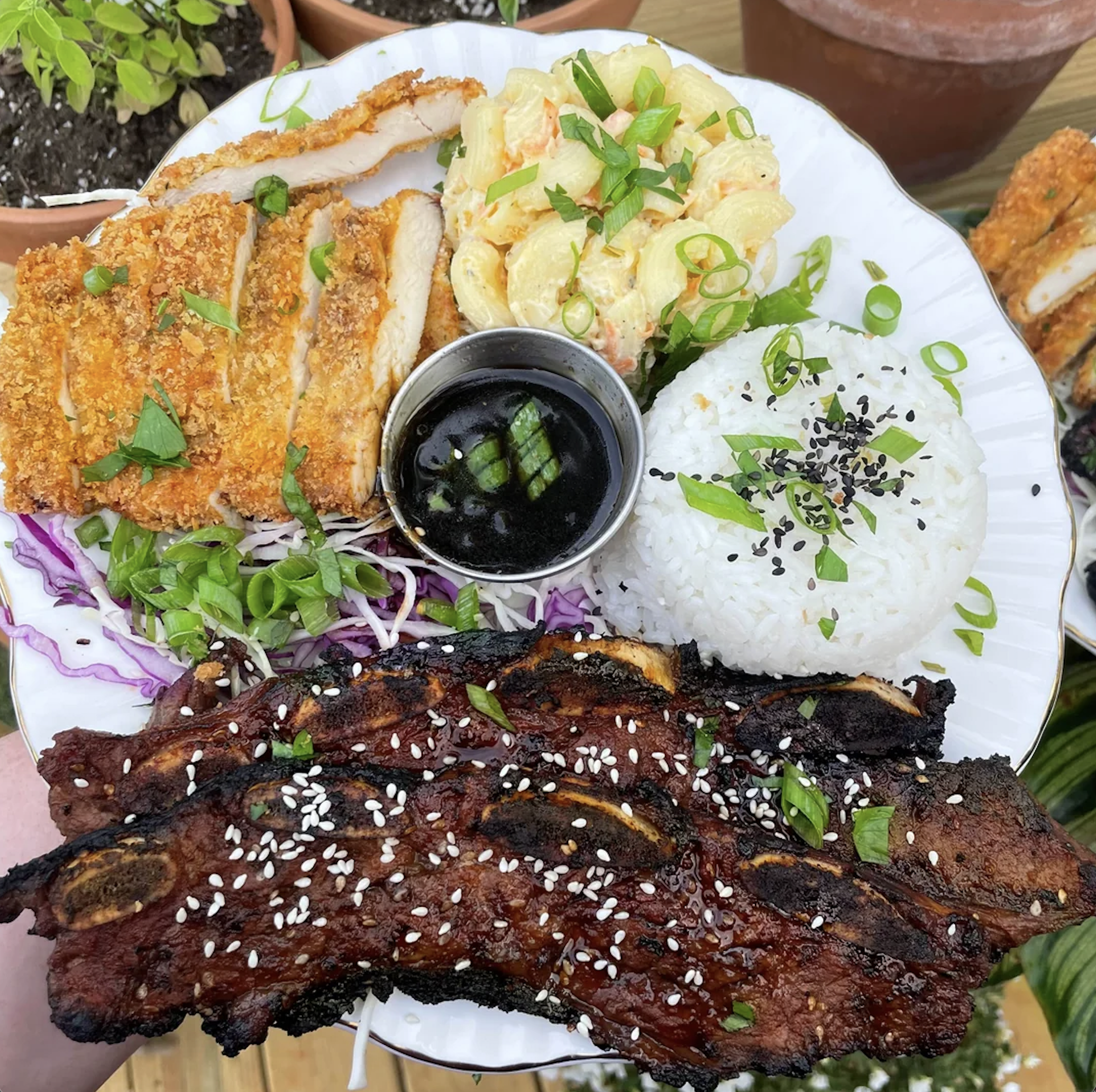 A plate with grilled kalbi short ribs, katsu chicken, macaroni salad, steamed rice topped with black sesame seeds, green onions, shredded cabbage, and a small cup of dipping sauce.