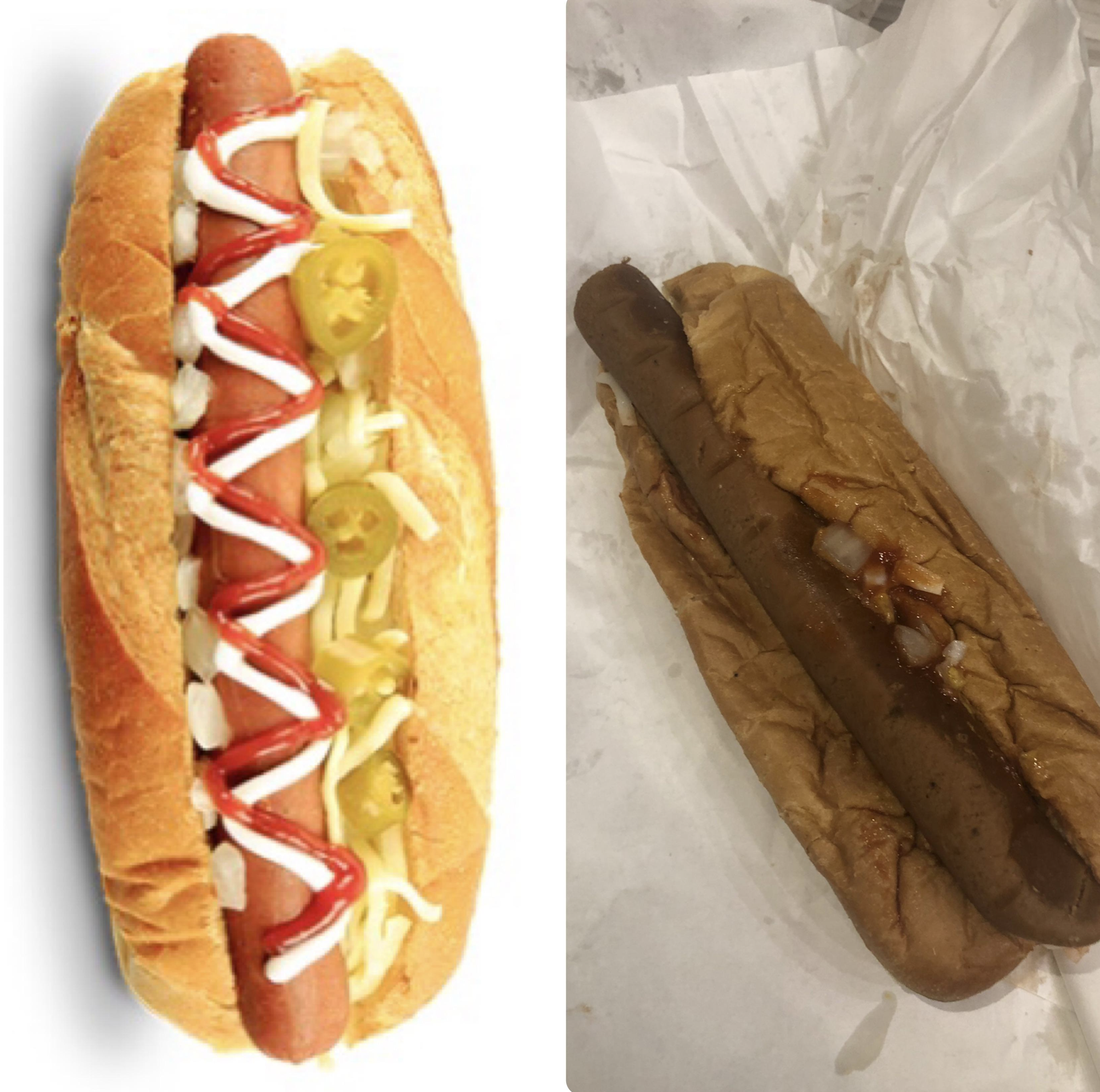 Split image: Left side shows a neatly prepared hot dog with onions, jalapeños, ketchup, and mustard. Right side shows a squished, unappetizing hot dog with some onions, in a wrinkled bun on crumpled paper.