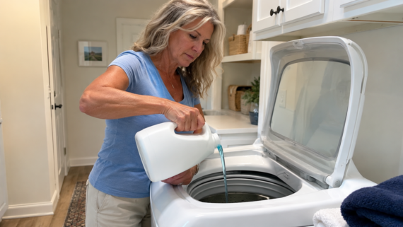 A woman with long, blonde hair wearing a blue shirt pours laundry detergents from a white bottle into a top-loading washing machine in a bright laundry room.