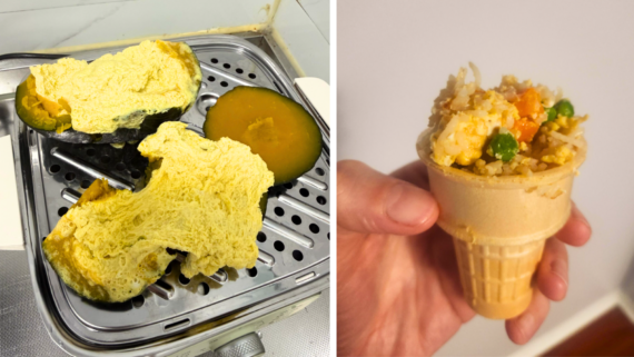 On the left, two steamed pumpkin slices topped with egg showcase a unique culinary creation. On the right, a hand holds a small ice cream cone filled with fried rice, peas, carrots, and corn&mdash;an unexpected combination that wouldn&rsquo;t look out of place in a collection of funny cooking fails.