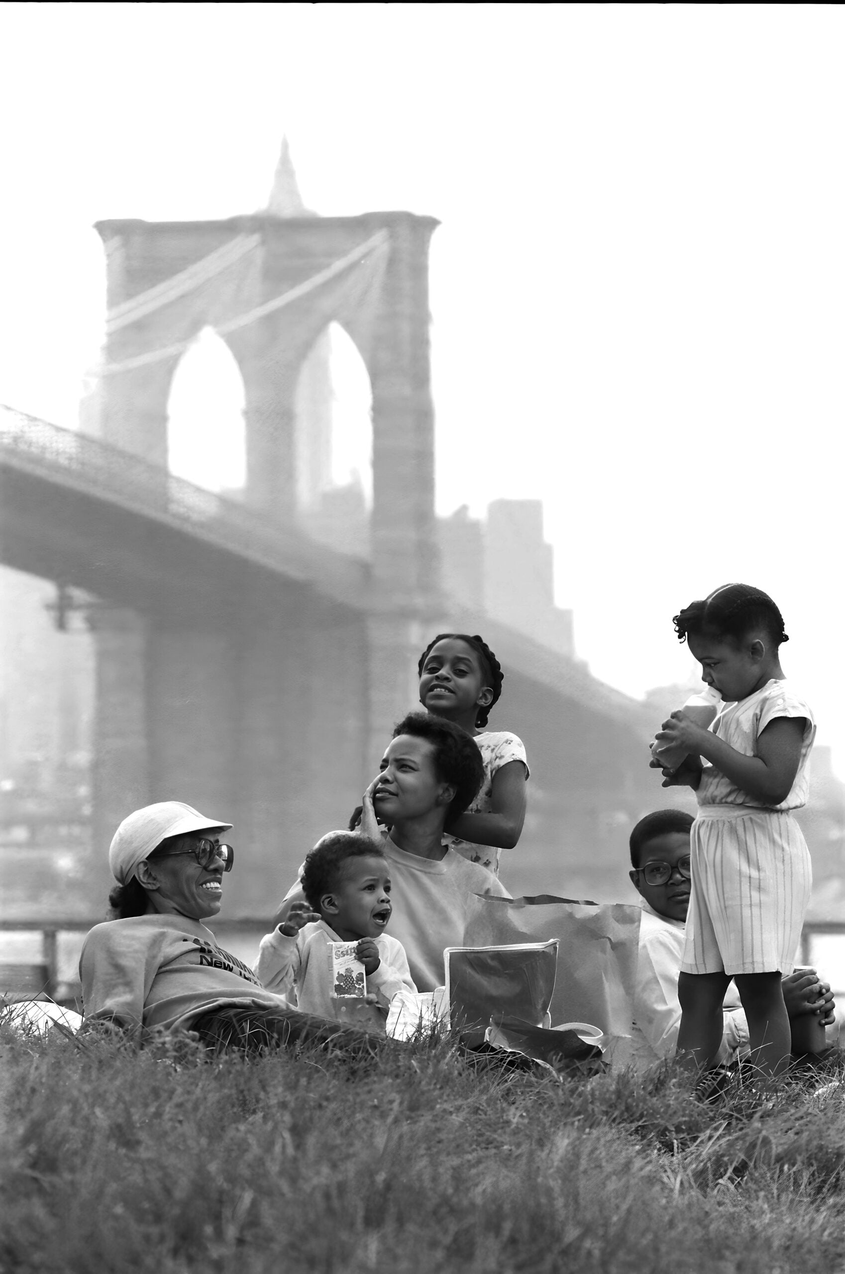 A family sits in the grass enjoying a picnic by the Brooklyn Bridge, with children and adults smiling and relaxing together on a sunny day.