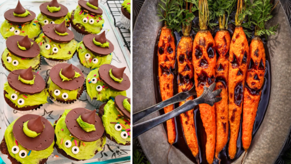 Left: Cupcakes decorated as green witches with hats and googly eyes&mdash;perfect homemade Halloween treats. Right: Grilled carrots with tops attached, carved with spooky faces and arranged in a pan with tongs.