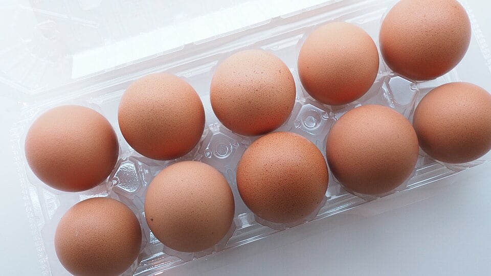 Ten brown eggs are arranged in a clear plastic egg carton, with the lid open, on a white background.