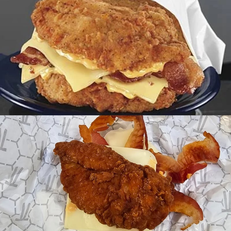 Top: A sandwich with fried chicken as buns, bacon, and cheese. Bottom: A similar sandwich, but the chicken, cheese, and bacon look less fresh and less neatly arranged.