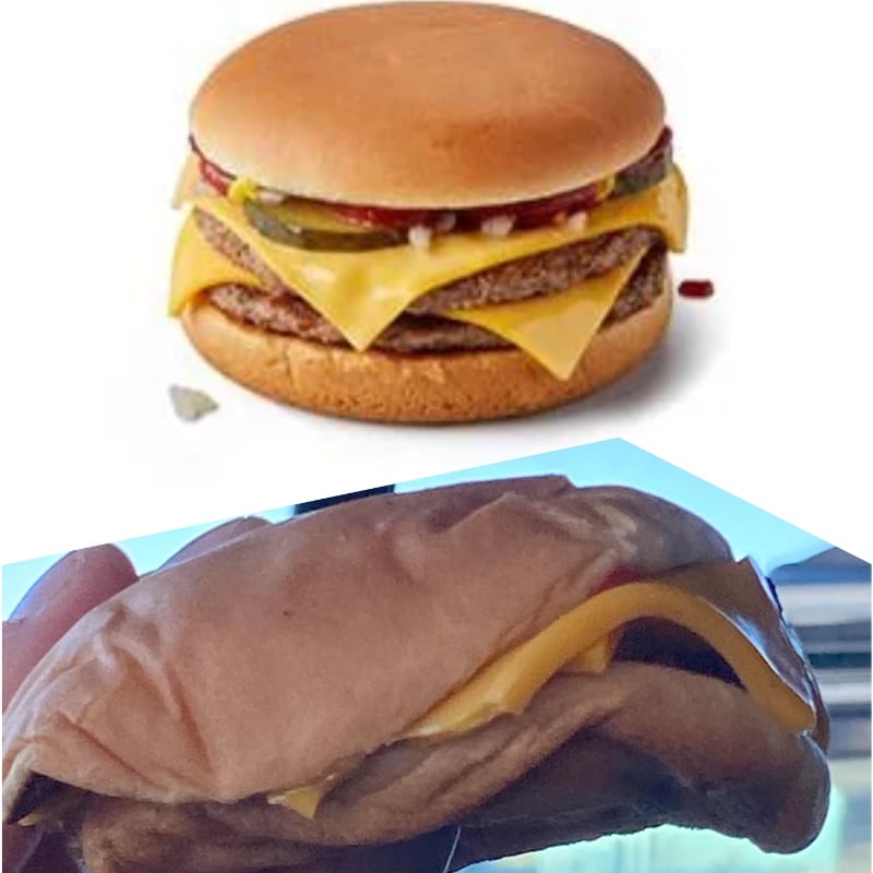 Top: A neatly-stacked cheeseburger with pickles, onions, and cheese. Bottom: A squished cheeseburger with wrinkled bun and visible cheese, held up by a hand.