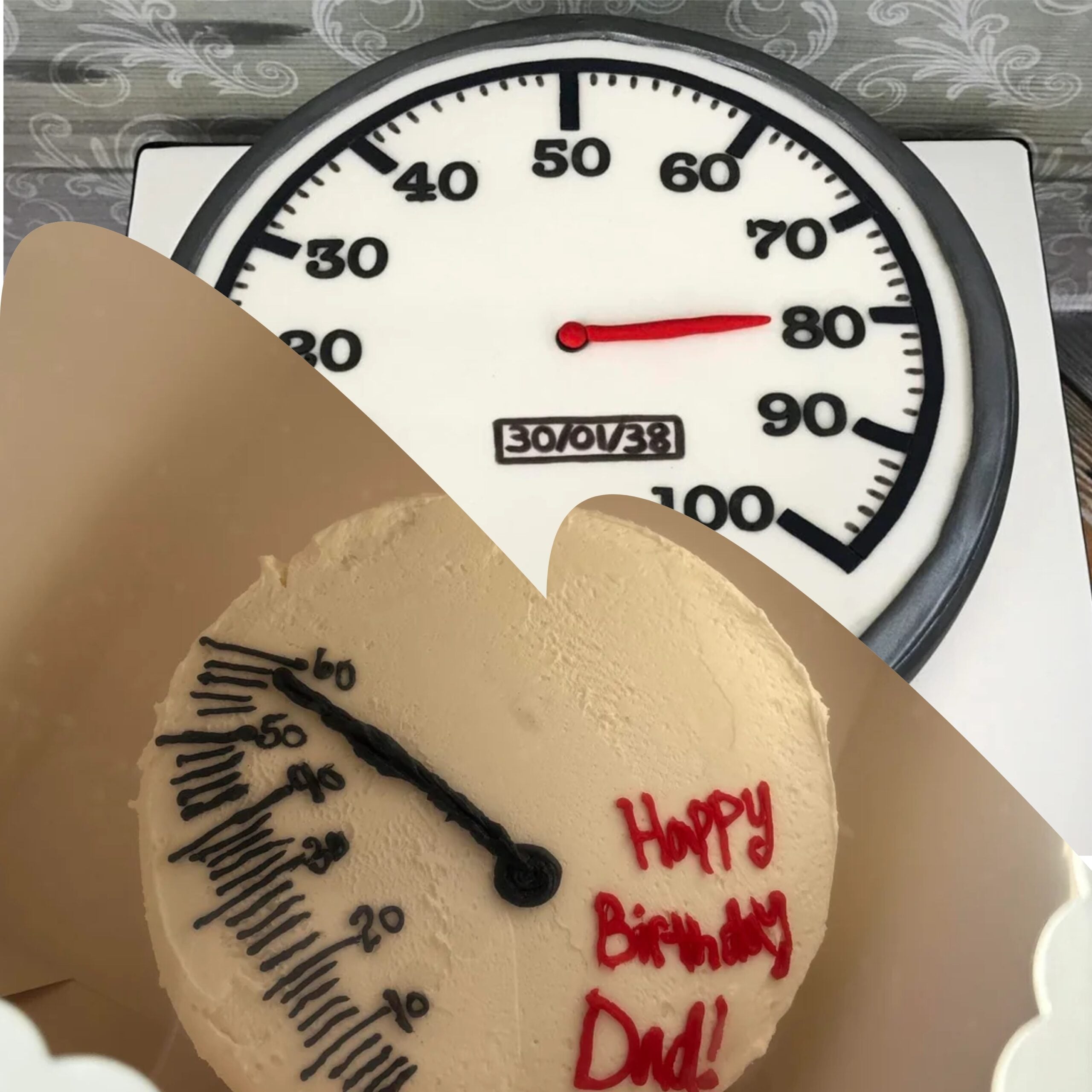 Two birthday cakes are decorated as speedometers. One shows “30/06/38” and a needle at 80. The other has “Happy Birthday Dad!” and a needle near 60. Both cakes use black, red, and white icing.