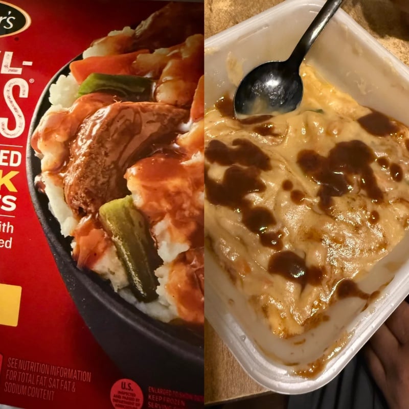 A split image shows a packaged meal of beef and vegetables over mashed potatoes on the left, and the cooked, less appetizing version in a plastic tray with a spoon on the right.