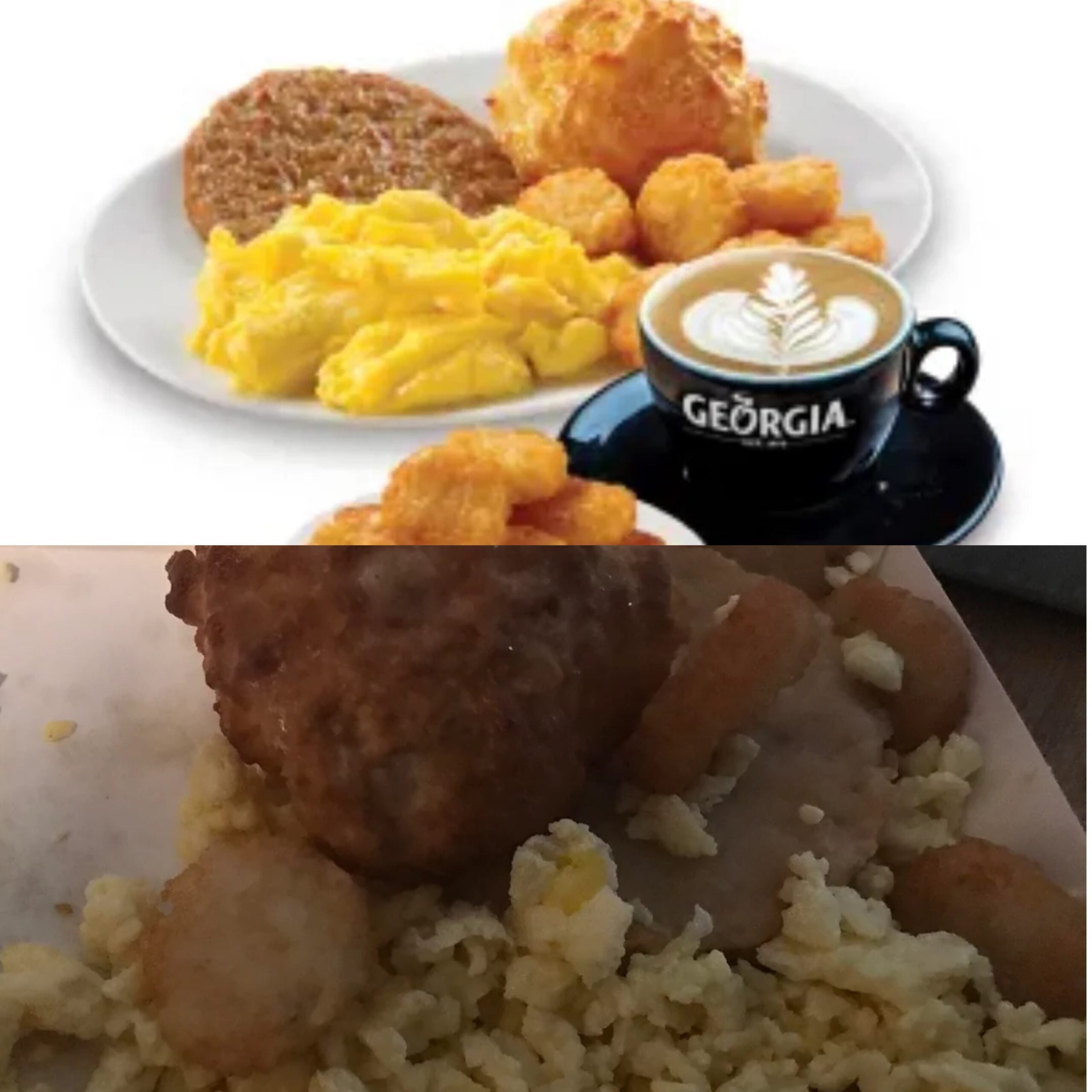Top: A promotional photo of a breakfast plate with scrambled eggs, hash browns, biscuit, sausage patty, and coffee. Bottom: A real meal with scrambled eggs, hash browns, and biscuit on paper.