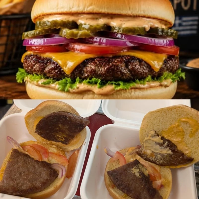 Top: Juicy cheeseburger with lettuce, tomato, onions, pickles, and sauce in a bun. Bottom: Two takeout burgers with thin patties, sparse toppings, and little sauce on buns.