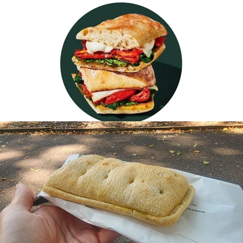 A hand holds a flat, plain-looking sandwich on white paper, while above is an image of a stacked, colorful ciabatta sandwich filled with vegetables and cheese.