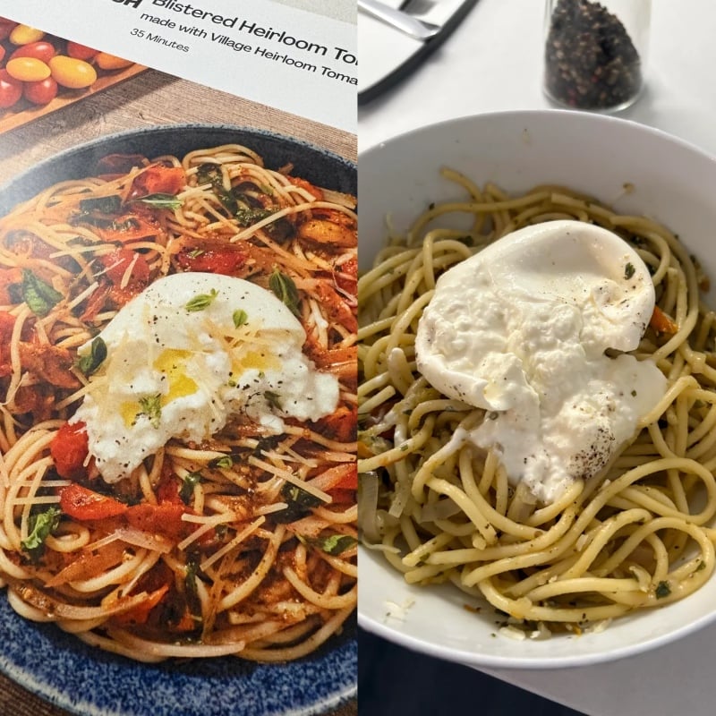 Split image: Left shows a styled plate of spaghetti with tomatoes and a poached egg in a recipe photo. Right shows a homemade version of the same dish with plain pasta and a poached egg, less garnish and color.