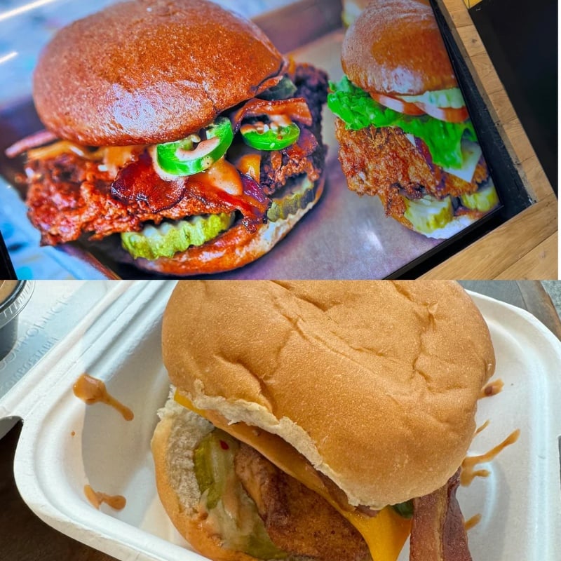 Top: Two gourmet fried chicken sandwiches with toppings like jalapeños, pickles, lettuce, and sauce. Bottom: A plain fried chicken sandwich in a takeout box with cheese, pickles, and some sauce.
