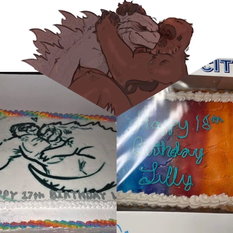 Four images: top shows a drawing of Godzilla hugging King Kong; bottom left is a cake with a black icing outline of the drawing; bottom right is a birthday cake with blue writing; all images overlap on a collage.