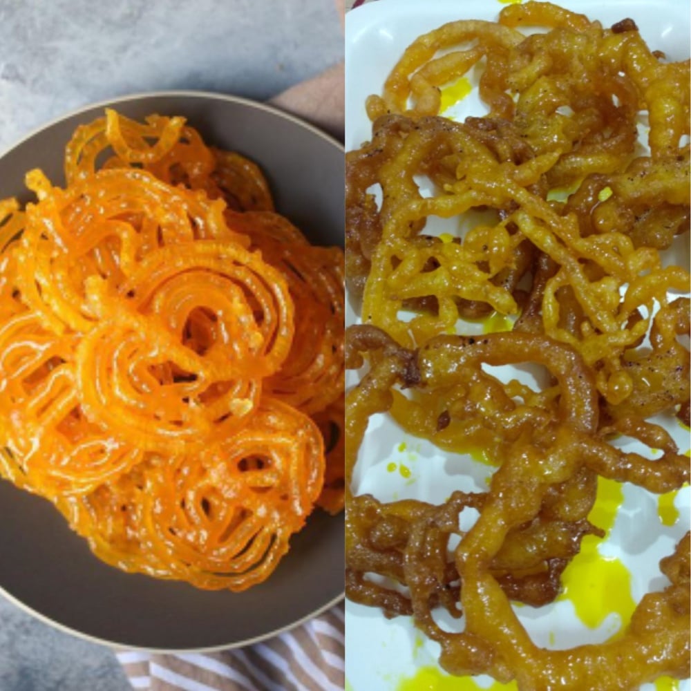 A plate of bright orange jalebi on the left and a plate of brownish jalebi on the right, both are Indian sweet desserts with a spiral shape.
