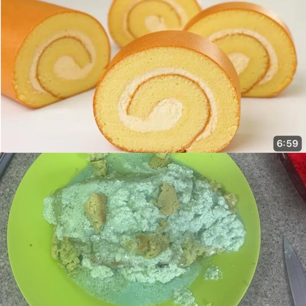 Top: Perfectly sliced yellow cake rolls with cream swirl. Bottom: Crumbled, messy, greenish cake with uneven texture on a plate.