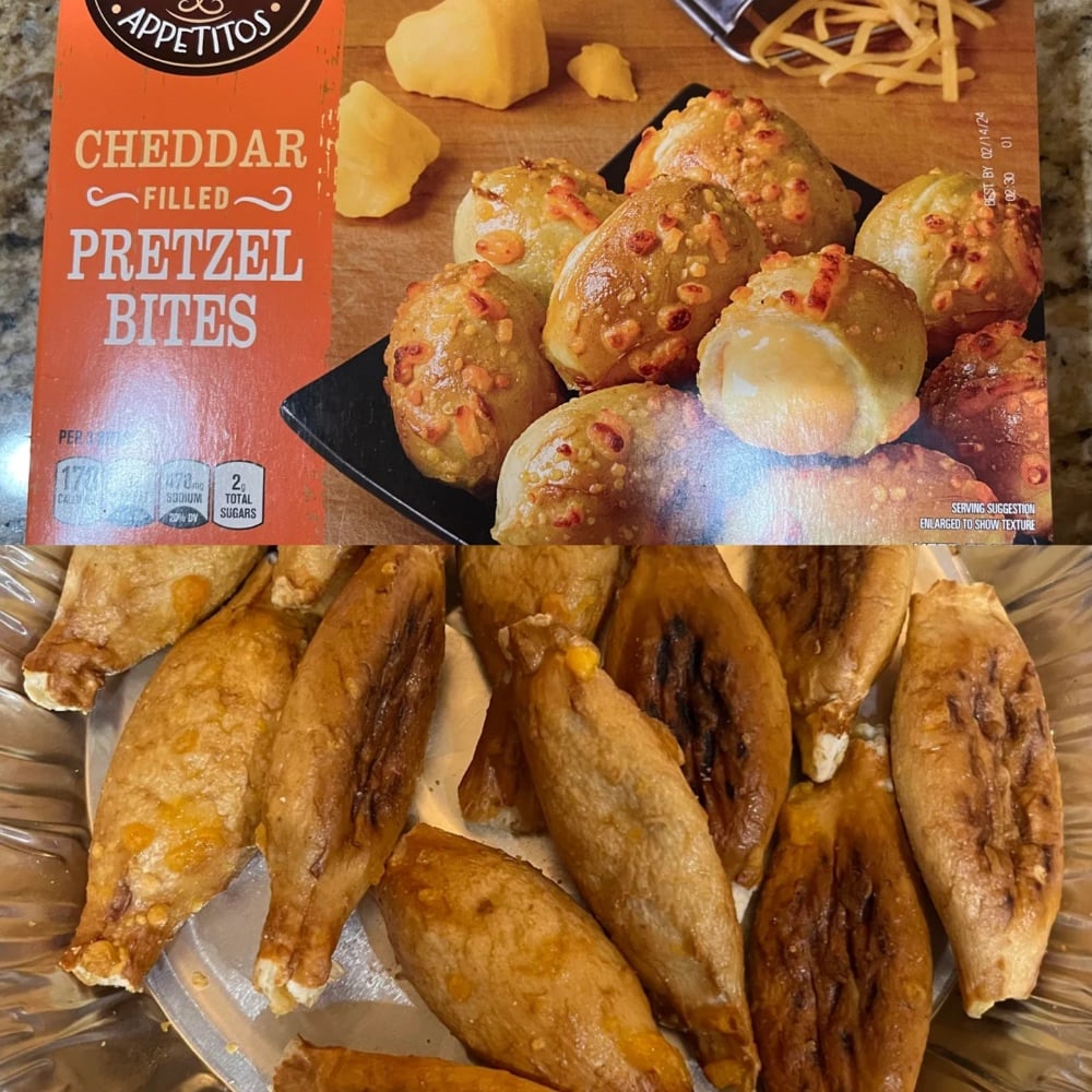 Photo shows a box of cheddar-filled pretzel bites with an image of golden, cheesy pretzel snacks. Below, the actual cooked pretzel bites appear darker, cracked, and less appetizing than the picture on the box.