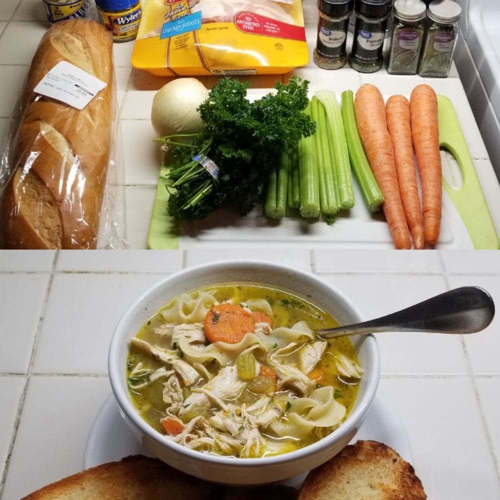 Sliced bread, chicken, herbs, and vegetables on a counter, with a second image below showing a bowl of chicken noodle soup with carrots, celery, and toast on the side.
