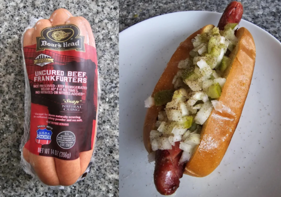 On the left, a package of Boar&rsquo;s Head uncured beef frankfurters&mdash;one of the best hot dogs available; on the right, a cooked beef hot dog in a bun, topped with diced onions, relish, and seasonings on a white plate.