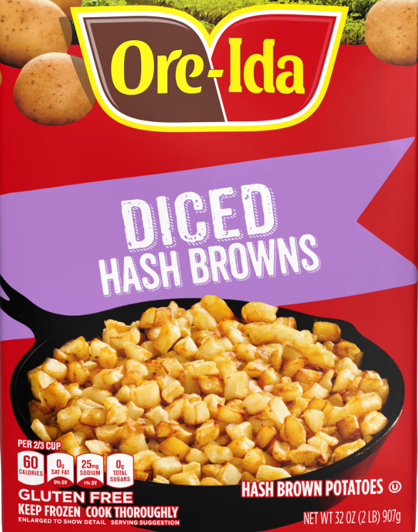 A red bag of Ore-Ida Diced Hash Browns with an image of cooked hash brown potatoes in a skillet. This name-brand product highlights that it is gluten-free and contains 60 calories per serving.