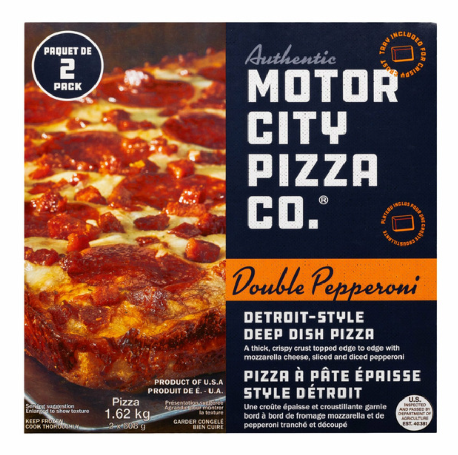 Box of Motor City Pizza Co. Double Pepperoni Detroit-style deep dish pizza, one of the standout frozen pizza brands, featuring an image of the pizza with cheesy, pepperoni topping. Includes bilingual English and French text and a label for a 2-pack.