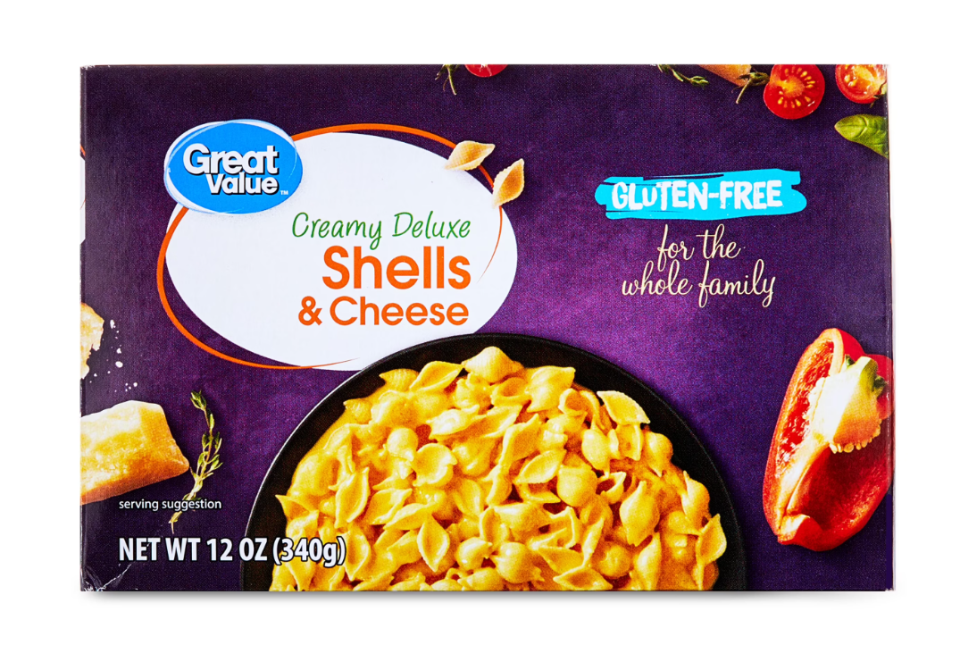 A box of Great Value Creamy Deluxe Shells & Cheese, one of the most popular generic products, labeled gluten-free, with an image of cheesy pasta shells, tomato, and cheese on a purple background. Net weight: 12 oz (340g).
