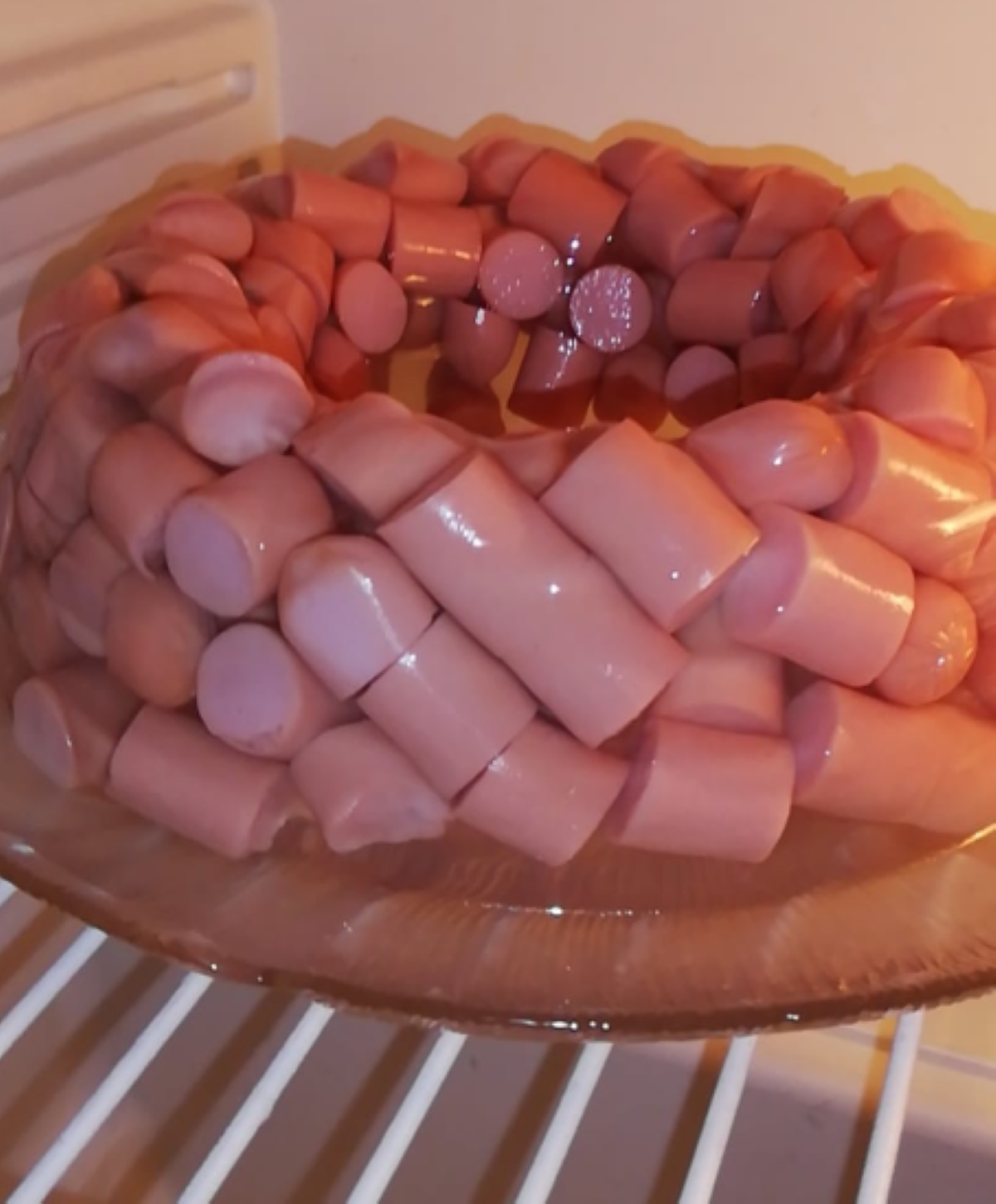A gelatin mold made with sliced hot dogs arranged in a ring sits on a glass plate in a refrigerator, capturing the essence of hilarious cooking disasters.