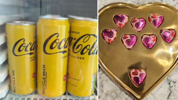 On the left, yellow Coca-Cola cans in a fridge&mdash;an example of how Companies Are Shrinking Products; on the right, seven heart-shaped chocolates with pink wrapping rest elegantly on a gold heart-shaped tray.