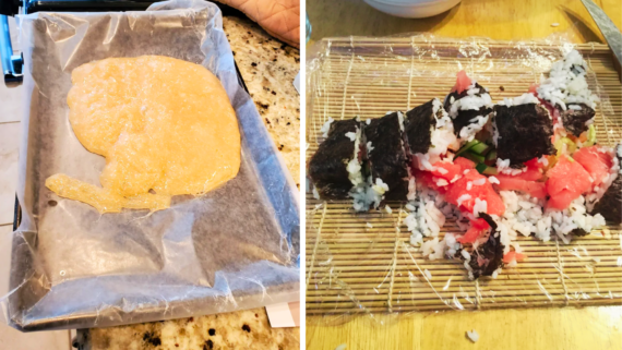Left: Flattened dough on parchment paper atop a baking tray, ready for the oven and safe from any classic cooking fails. Right: Partially sliced sushi roll with rice, seaweed, and colorful fillings on a bamboo rolling mat&mdash;showcasing sushi success instead of common kitchen cooking fails.
