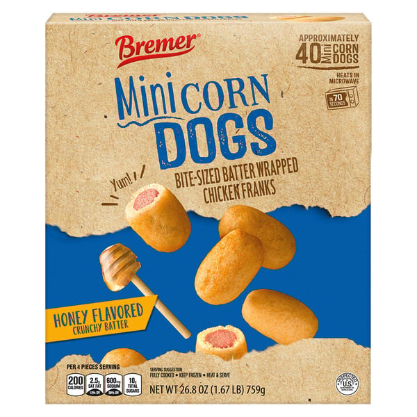 Box of Bremer Mini Corn Dogs, showing batter-wrapped mini chicken franks, a honey dipper, and product details like "Honey Flavored Crunchy Batter" and "Approximately 40 mini corn dogs.
