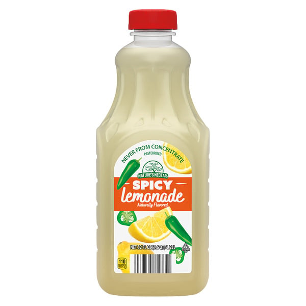 A plastic bottle of Nature’s Nectar Spicy Lemonade with a red cap and a label featuring lemons, jalapeños, and text that says "Spicy Lemonade" in bold letters.