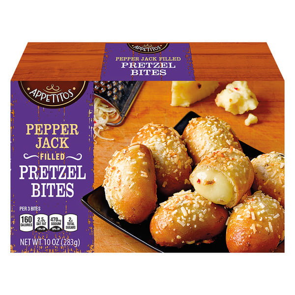 A box of Appetitos Pepper Jack Filled Pretzel Bites is shown, featuring a plate of pretzel bites with cheese filling and sprinkled salt on the front. Nutritional info is listed below the product name.