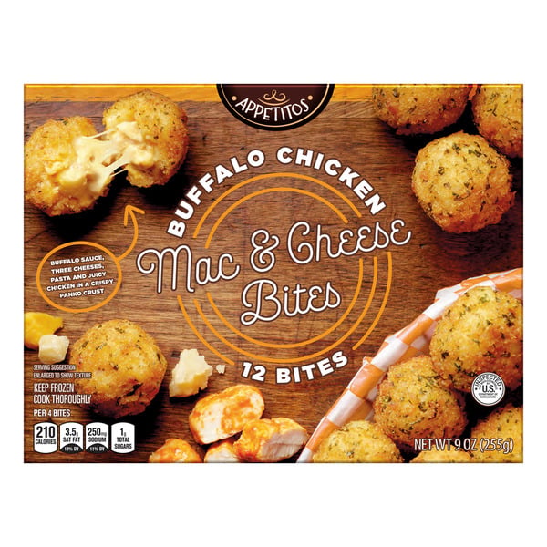 Box of Appetitos Buffalo Chicken Mac & Cheese Bites, showing 12 bites on a wooden surface with cheese and chicken filling visible. Text highlights flavor and serving details.