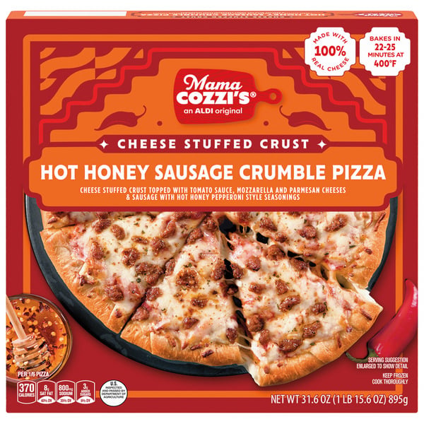 Mama Cozzi’s Cheese Stuffed Crust Hot Honey Sausage Crumble Pizza box, showing a pizza with cheese, sausage, pepperoni, and honey drizzle. Packaging highlights baking instructions and key product features.