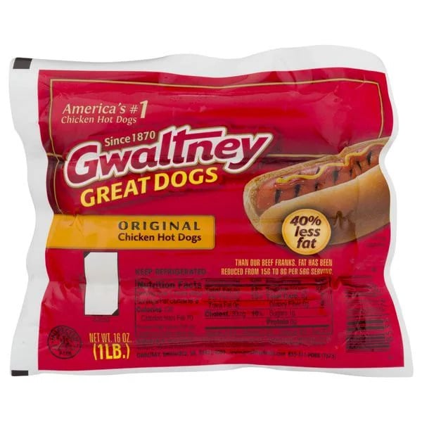 Package of Gwaltney Great Dogs Original Chicken Hot Dogs, labeled "40% less fat" and "America's #1 chicken hot dogs." The net weight is 16 oz (1 lb), and there is an image of a hot dog in a bun.