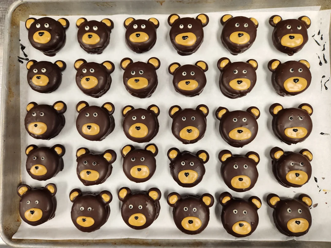 A tray of 24 chocolate bear-shaped treats with icing for eyes, nose, and ears, arranged in neat rows on parchment paper.