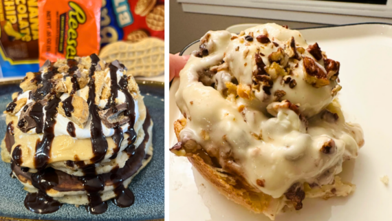 Left: Pancakes topped with chocolate syrup, peanut butter, and candy bits. Right: A homemade dessert classic&mdash;a cinnamon roll covered in creamy icing and chopped pecans on a white plate.