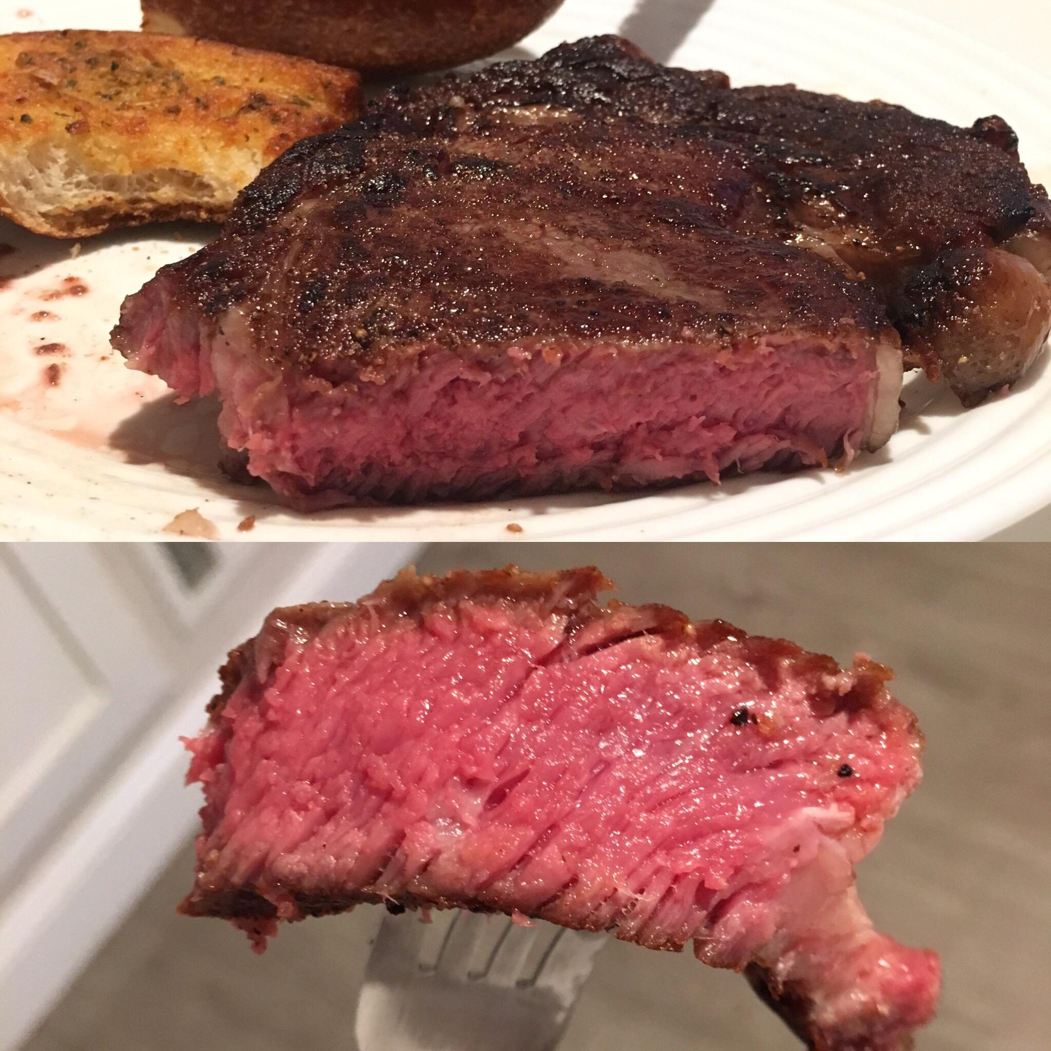 A juicy, medium-rare steak on a plate with a piece of bread, and a close-up of a bite of the steak on a fork showing a pink, tender inside.