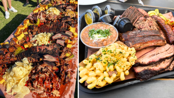 Two trays of barbecue with brisket, ribs, sausage, pulled pork, beans, mac and cheese, pickles, chips, sauce, and cornbread&mdash;everything you need for the best BBQ cookouts this summer. Food is arranged on brown paper on outdoor tables.