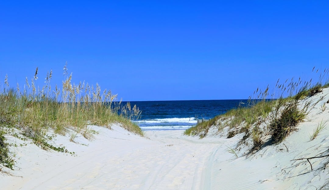 A sandy path lined with tall grasses leads through dunes to a beach, with blue sky above and gentle waves in the ocean ahead.