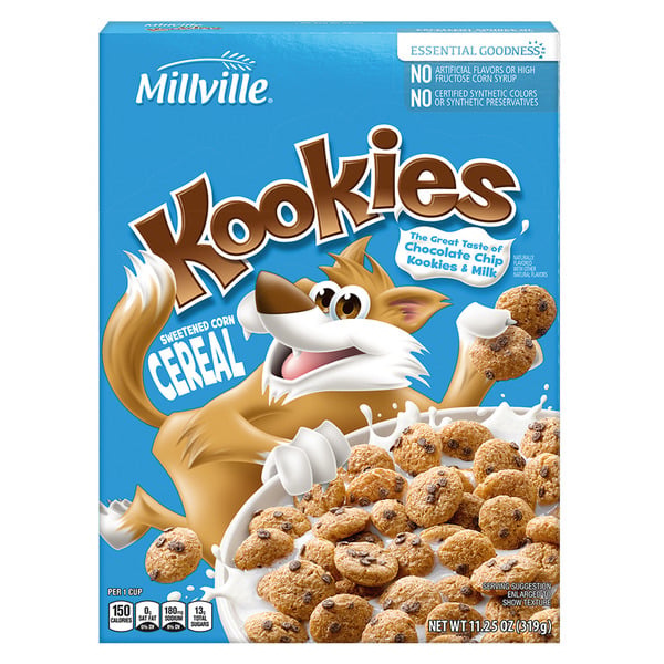 Store brands. Box of Millville Kookies sweetened corn cereal, featuring a cartoon fox with a bowl of cereal. The box is blue and displays chocolate chip-shaped cereal pieces with milk splashing around.