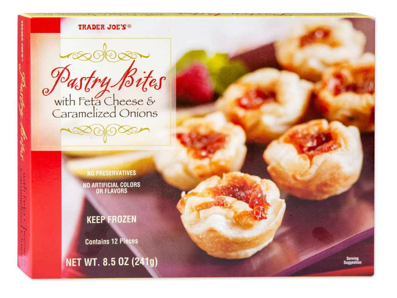 A box of Trader Joe’s Pastry Bites with Feta Cheese & Caramelized Onions, showing an image of the pastry bites on the front. The box states it contains 12 pieces, is 8.5 oz, and should be kept frozen.