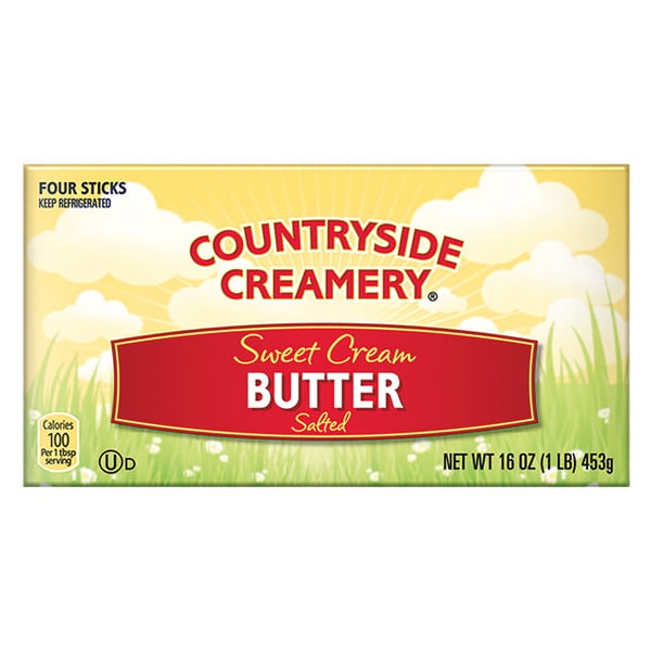 Countryside Creamery Sweet Cream Butter, salted, in a yellow box with green grass and clouds, net weight 16 oz (1 lb) 453g. Package notes four sticks and 100 calories per serving.