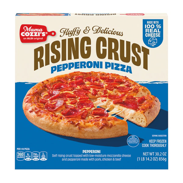 A box of Mama Cozzi’s Rising Crust Pepperoni Pizza is shown. The pizza is topped with pepperoni and cheese, and a slice is slightly pulled out. The box highlights “fluffy & delicious” and “100% real cheese.”