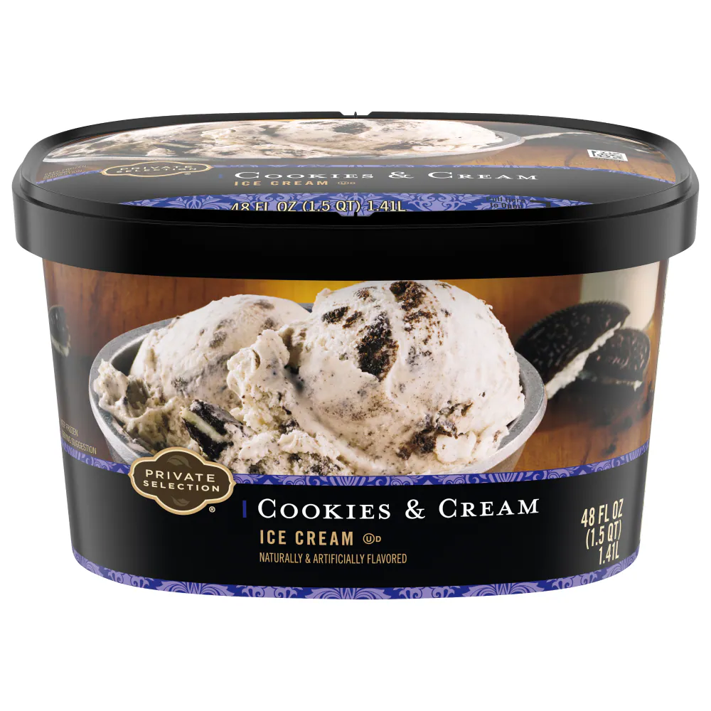 A tub of Private Selection Cookies & Cream ice cream with an image of two scoops in a bowl and Oreo-style cookies beside it. The container is black with gold and blue accents.