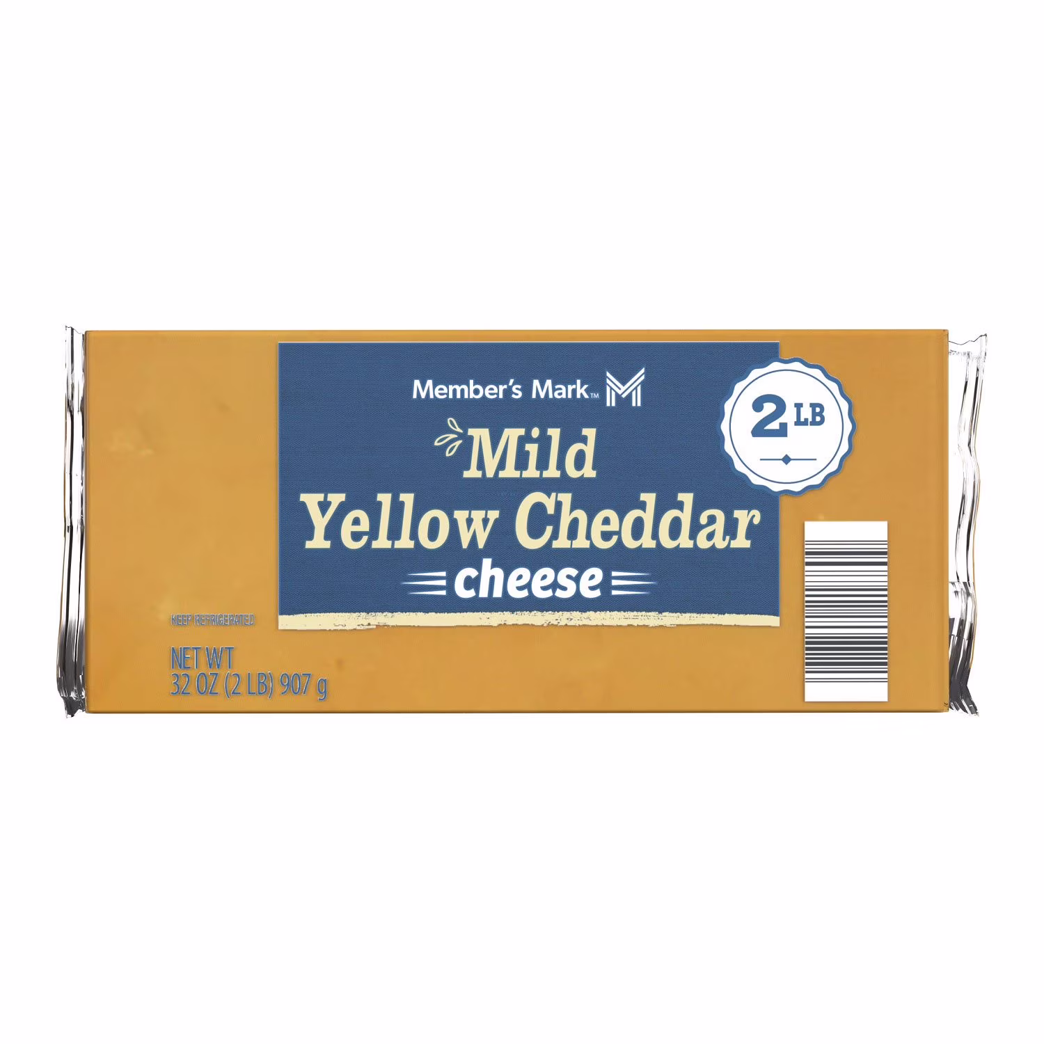 A 2-pound block of Member’s Mark Mild Yellow Cheddar cheese in yellow packaging with a barcode and product information on the front.
