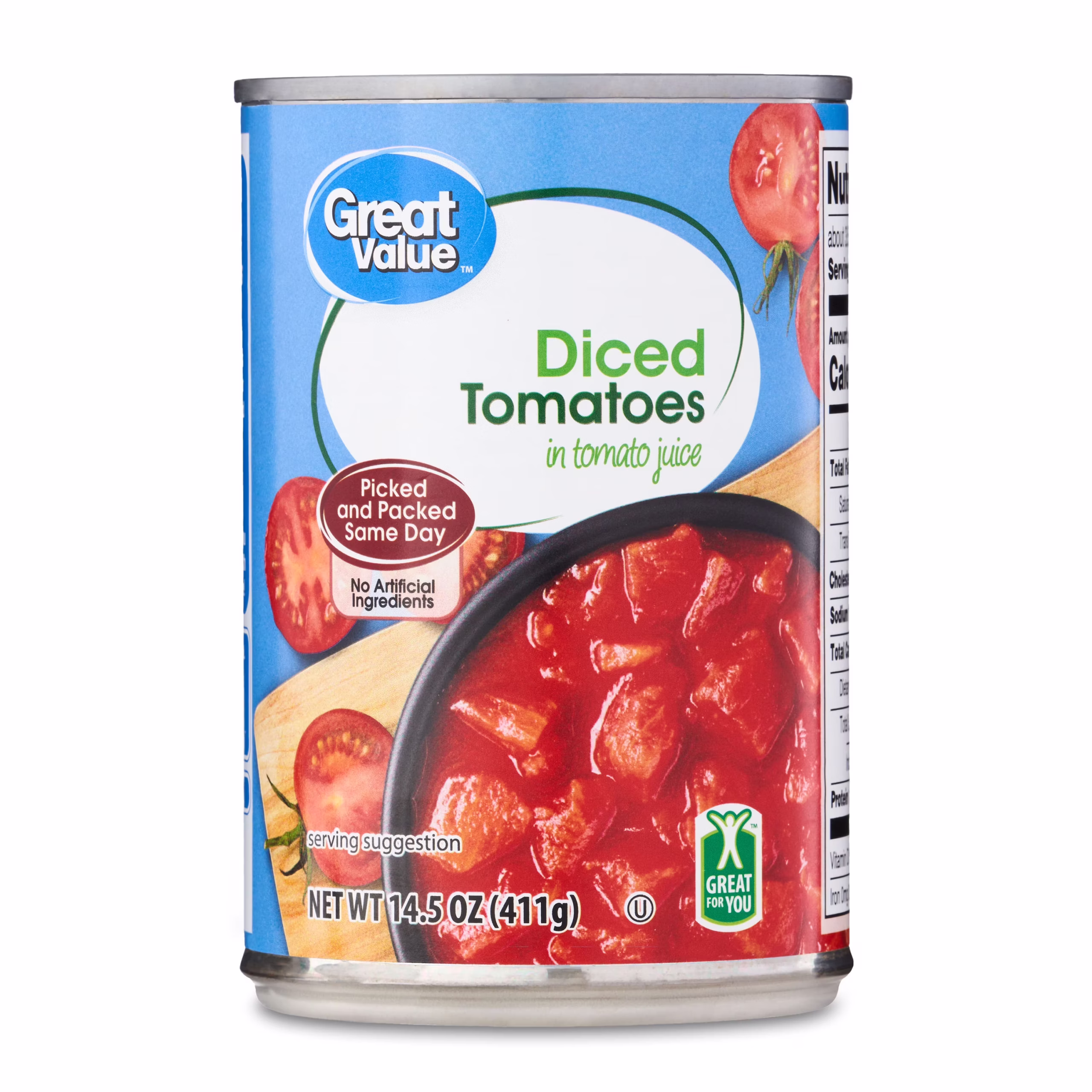 A can of Great Value Diced Tomatoes in tomato juice, 14.5 oz (411g). The label shows diced tomatoes in a bowl and mentions “Picked and Packed Same Day” and “No Artificial Ingredients.”