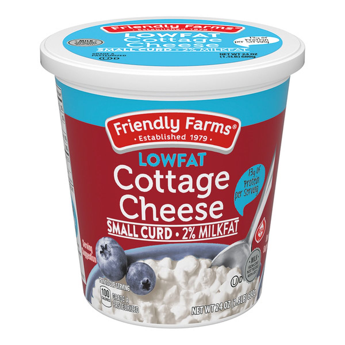 A tub of Friendly Farms Lowfat Cottage Cheese, small curd, 2% milkfat, with blueberries and a spoon pictured on the label. The container is blue with a white lid and red, blue, and white accents.